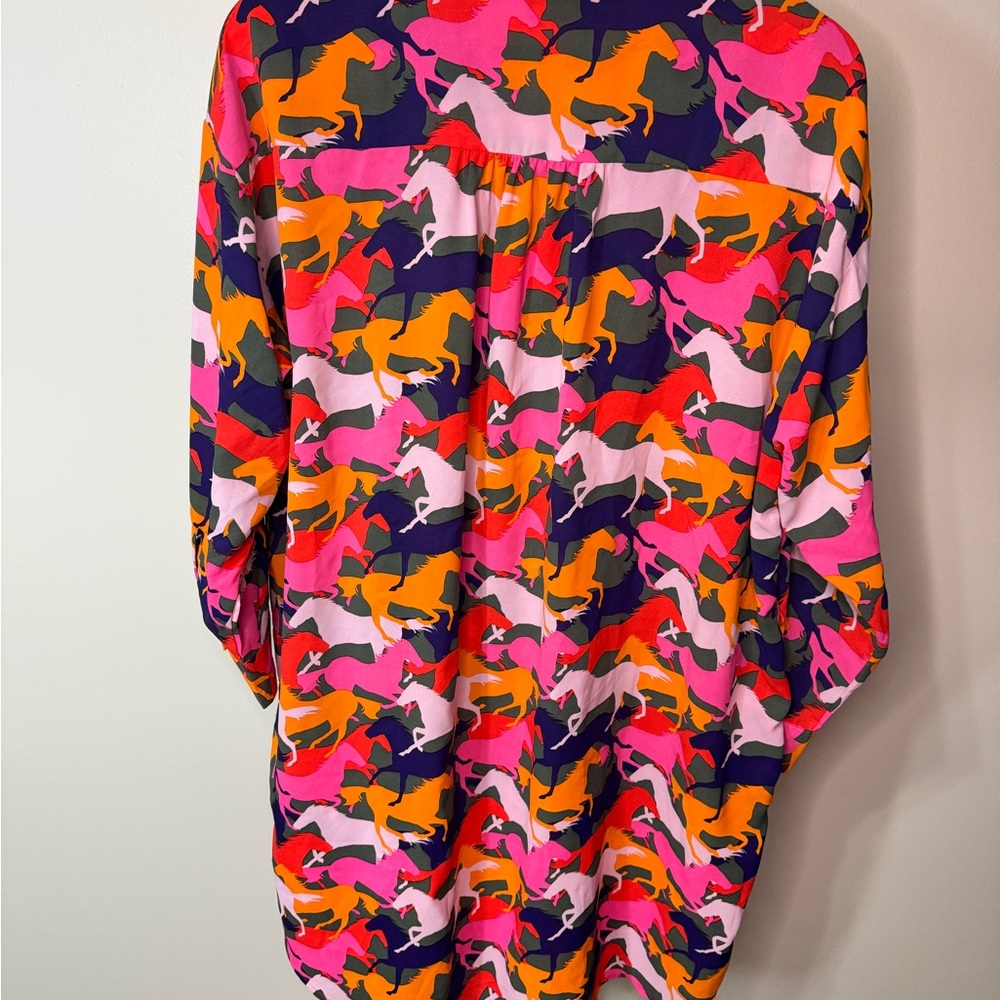 Women's Long Sleeve Button-Front Shirt Dress in Multi Horse Print - Picture 5 of 7